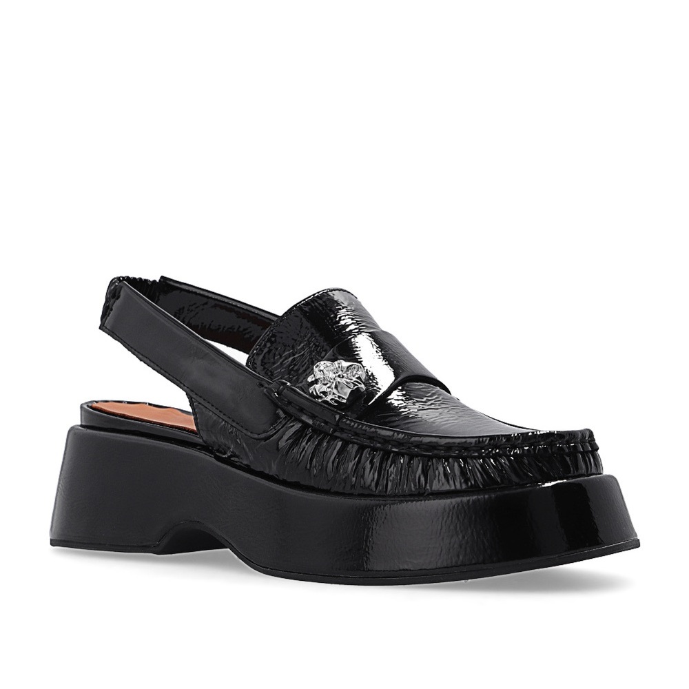 Ganni black patent leather sling back platform loafers size 36